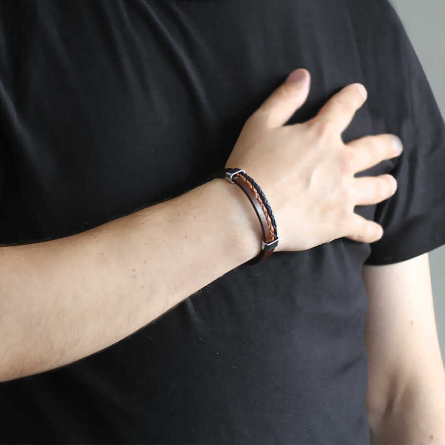 Combined Mens Bracelet İn Dark Blue-Brown Steel And Leather With Double  Straw Design Bracelet Tesbihane