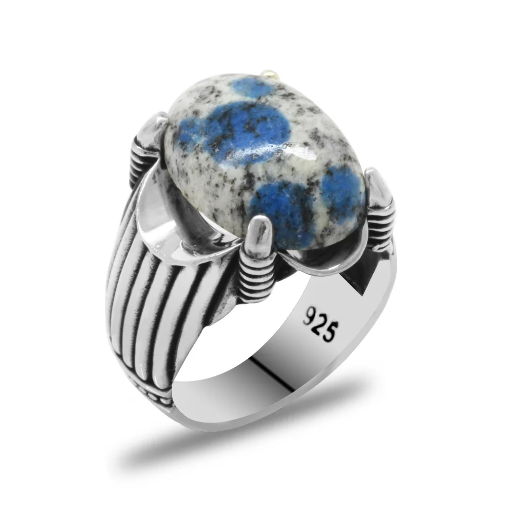 Has Blue-White Coral Stone Claw Design 925 Sterling Silver Men's Ring - 3