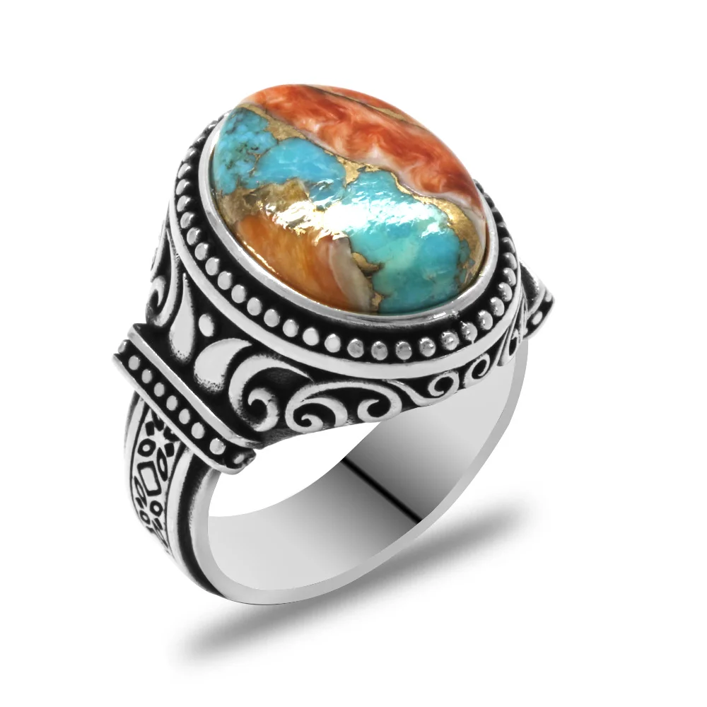 Has Coral Stone Gothic Design 925 Sterling Silver Men's Ring - 3