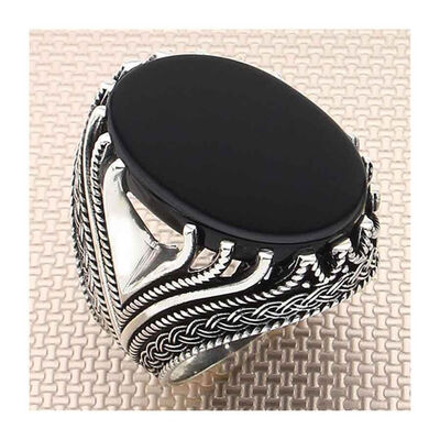 Knot Model Simple Male Sterling Silver Ring With Black Onyx And Stone - 1