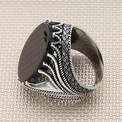 Knot Model Simple Male Sterling Silver Ring With Black Onyx And Stone - 2