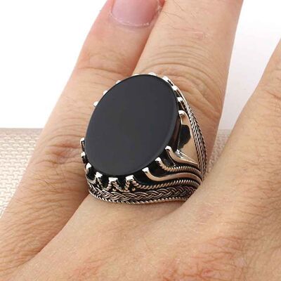 Knot Model Simple Male Sterling Silver Ring With Black Onyx And Stone - 3