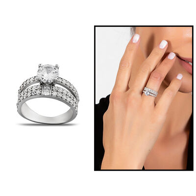 Women's 925 Sterling Silver Solitaire Ring With Zircon Stone Double Row Design - 1